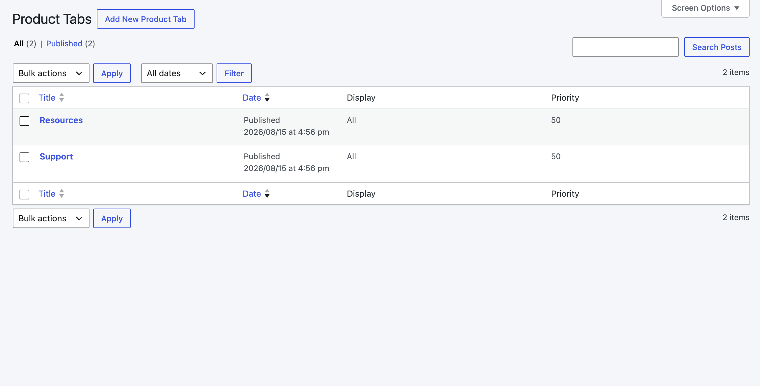 Reusable tabs management screen for creating global product tabs.