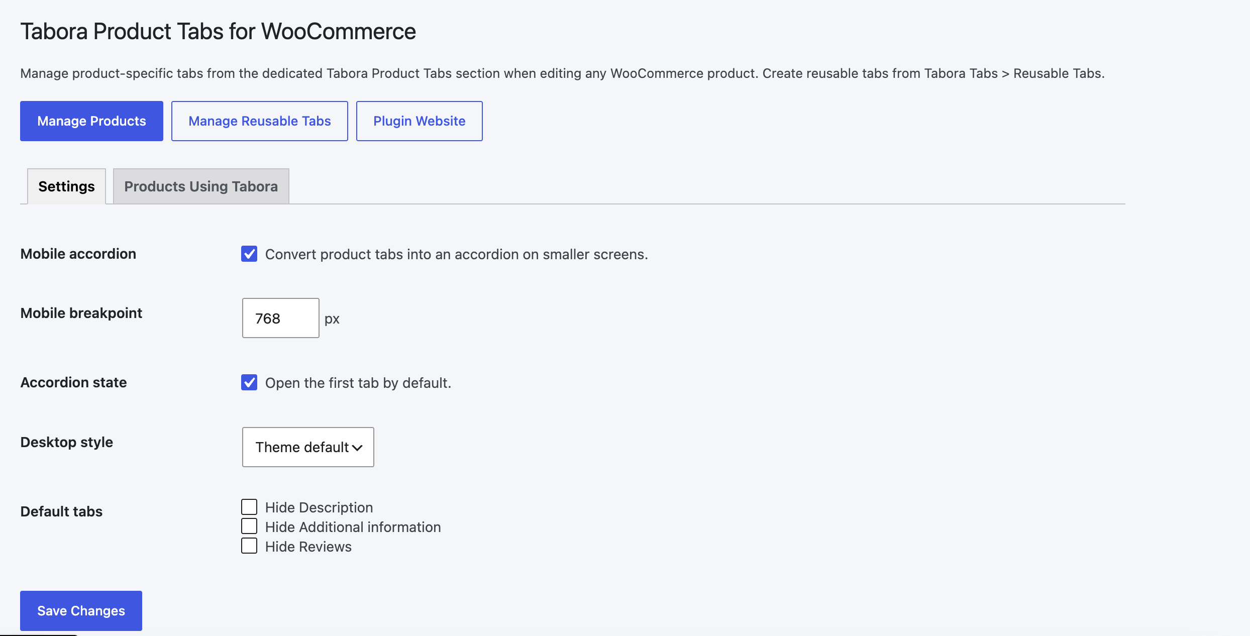 Tabora Product Tabs section in the WooCommerce product editor.