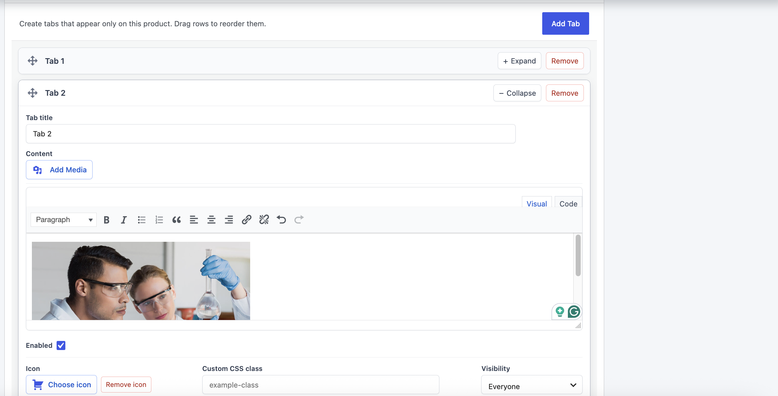 Arranging product-specific tabs with the rich-text editor with media support.