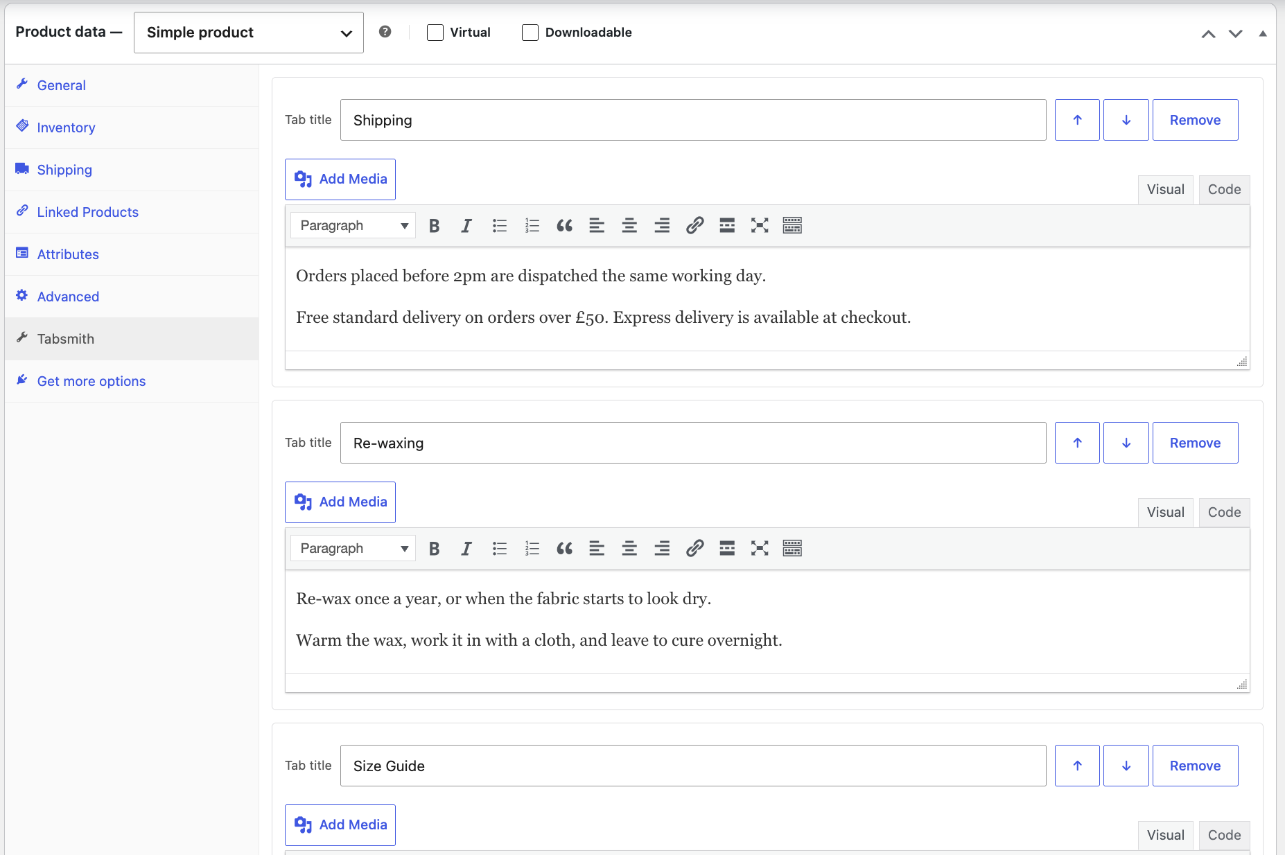 Adding and reordering tabs on the product edit screen.