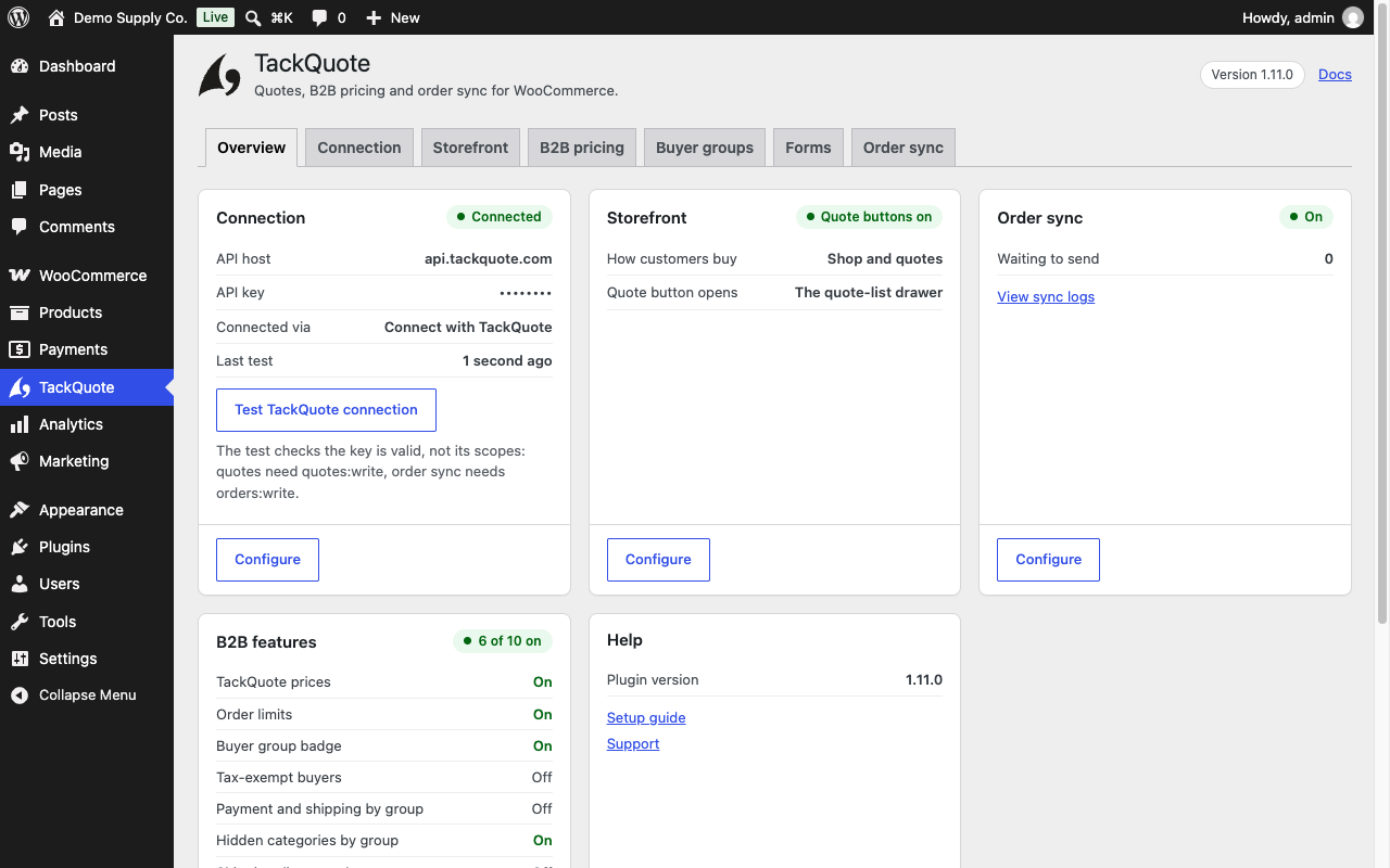 The Overview tab shows the connection, the storefront mode, order sync and every B2B switch.