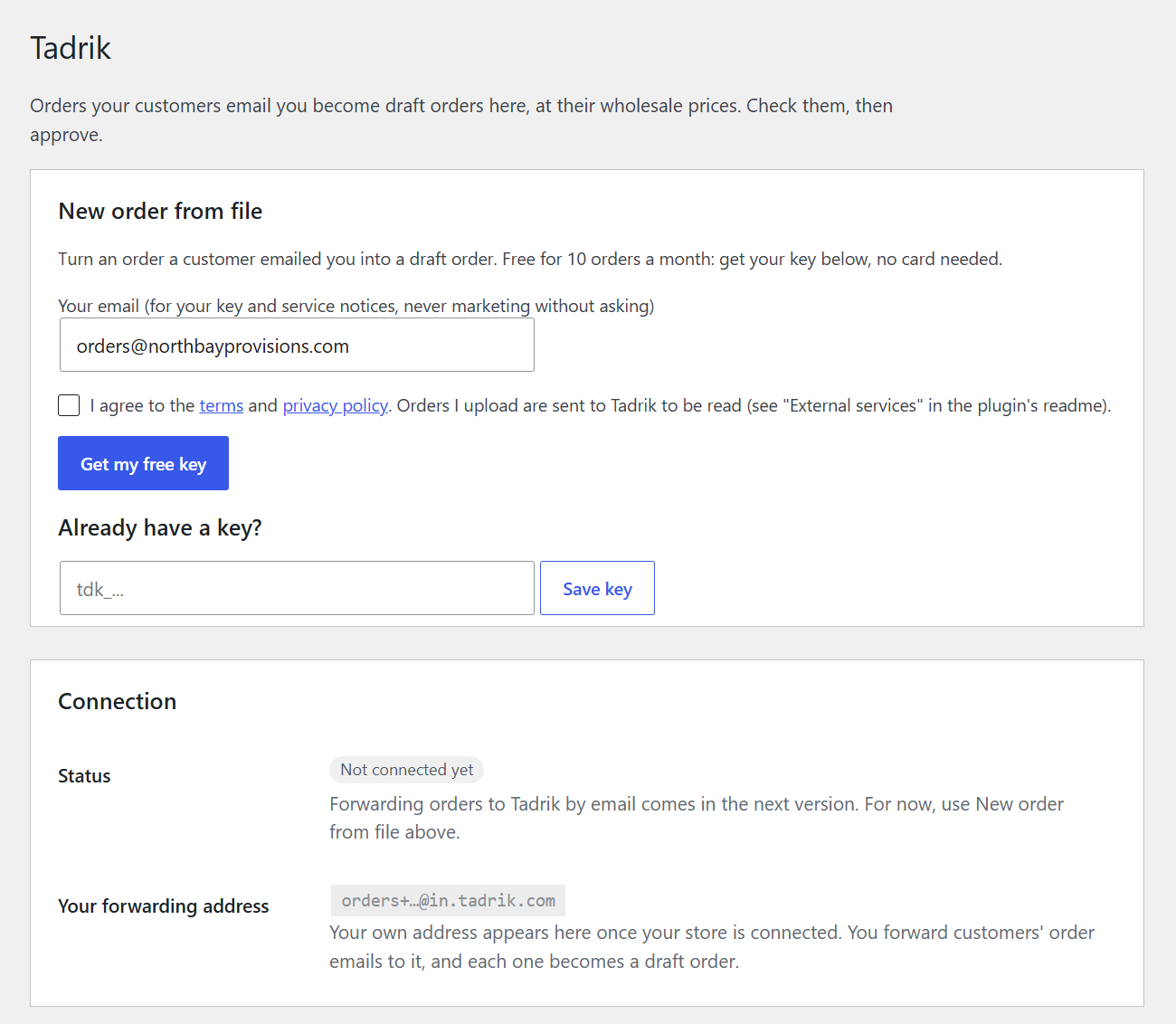New order from file: get a free key, then upload an order or paste the email text.