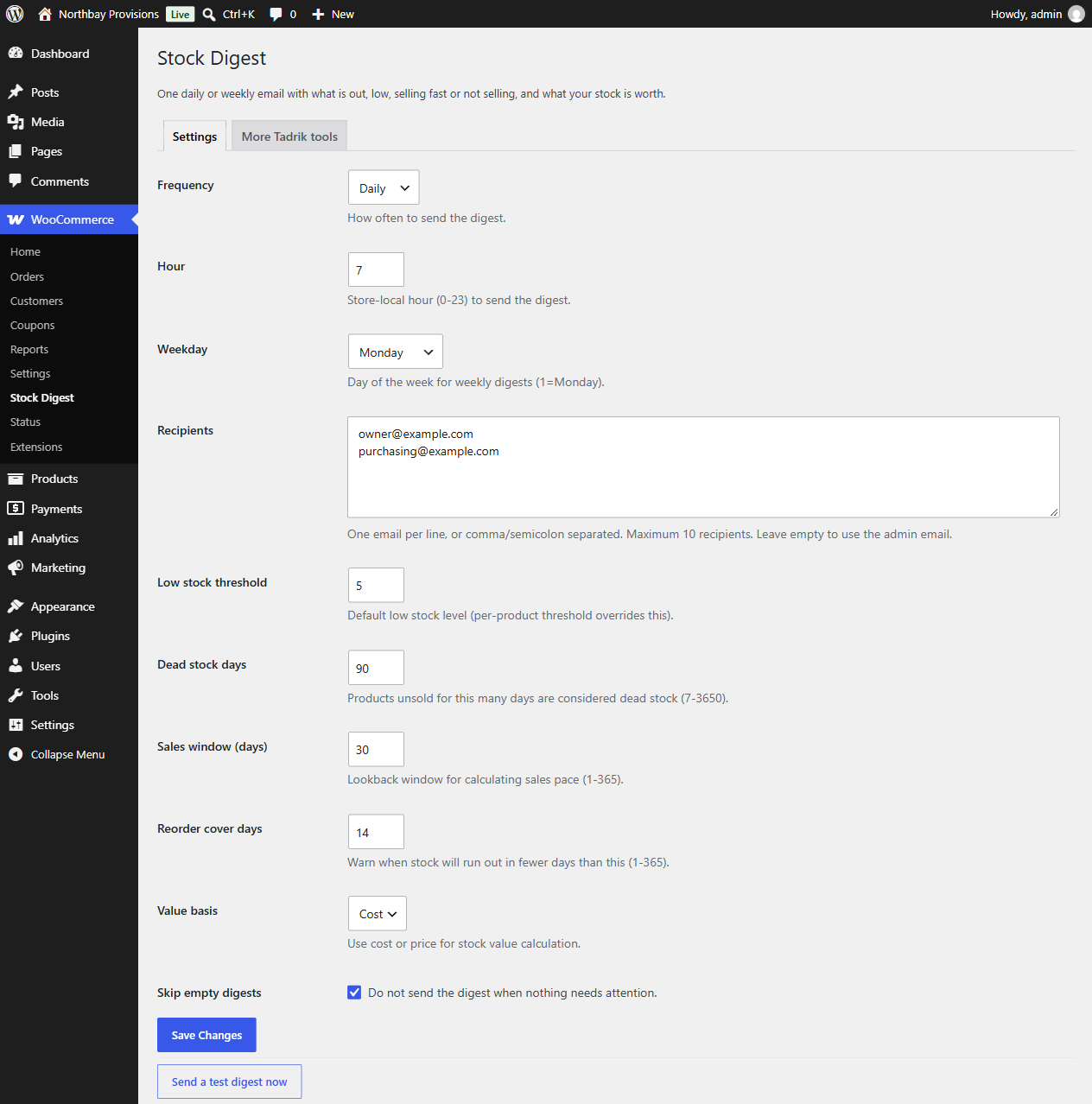 The settings page: recipients, daily or weekly, send hour, and the limits for each list.