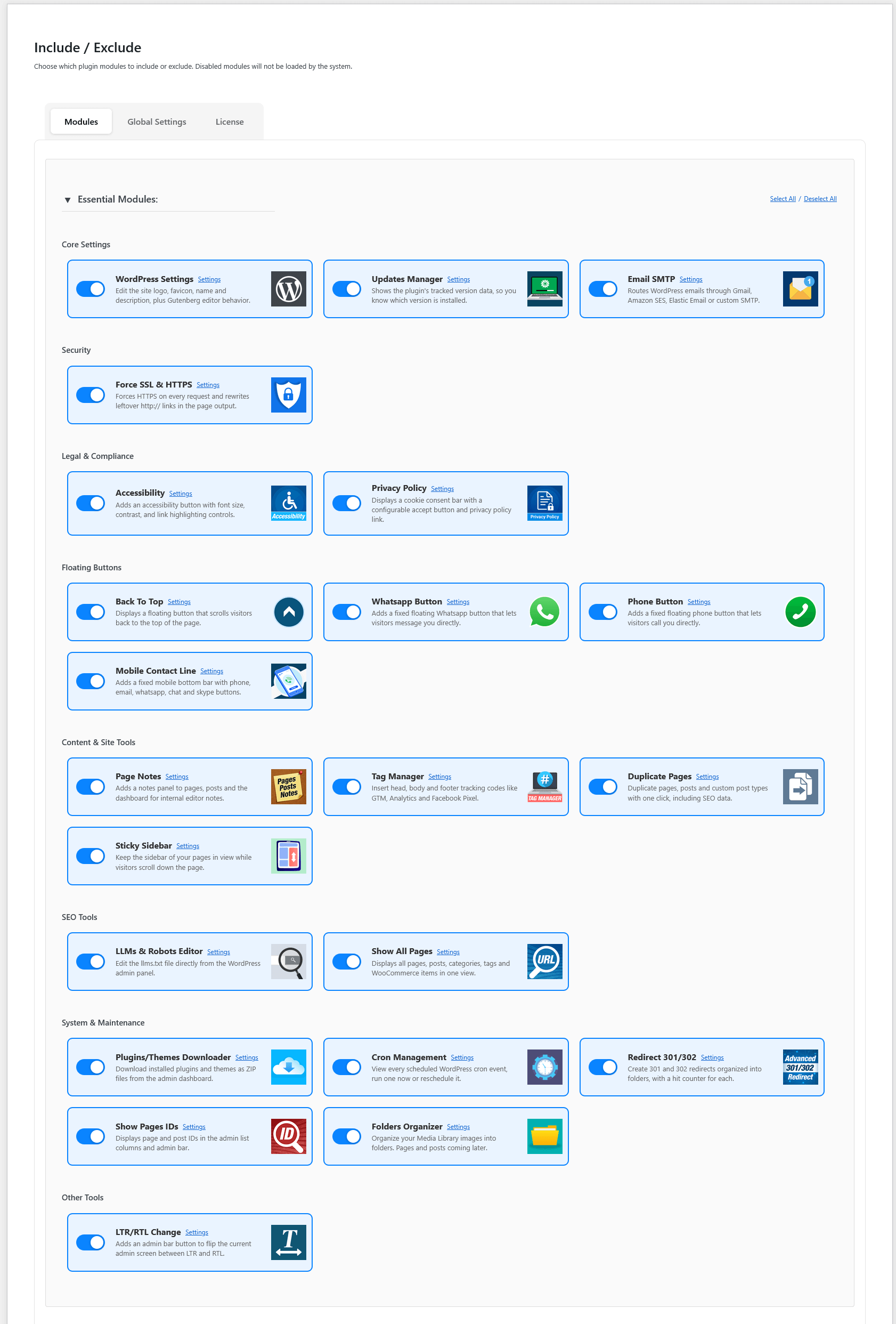 The Include / Exclude screen where you choose which modules to load