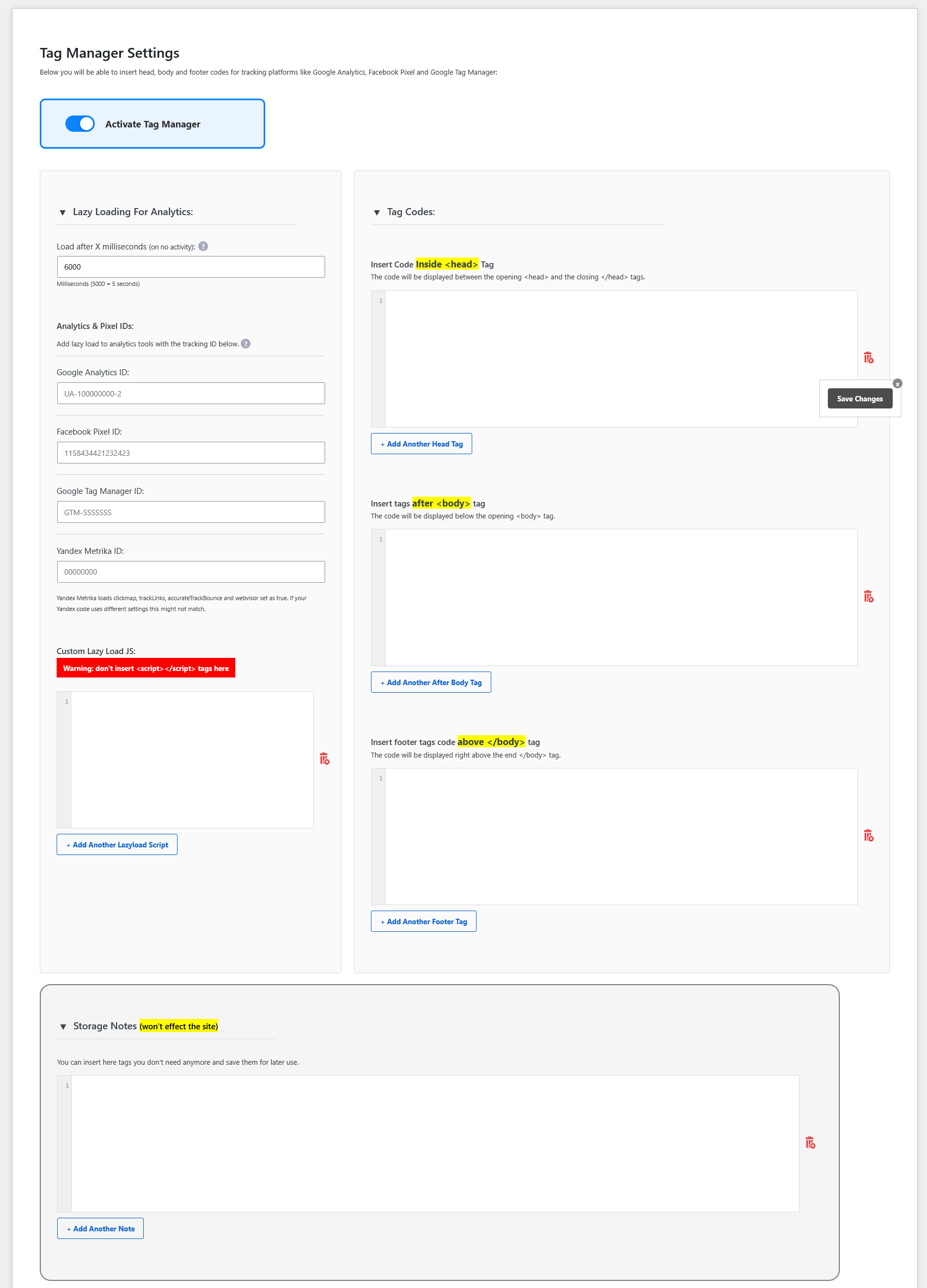 The Tag Manager settings