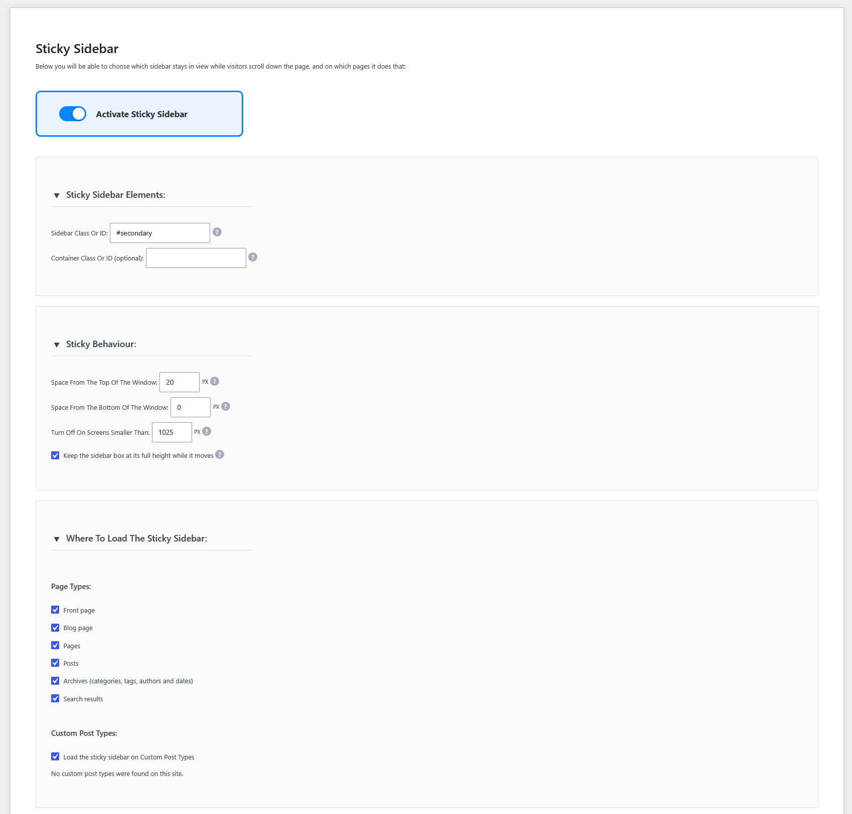 The Sticky Sidebar settings