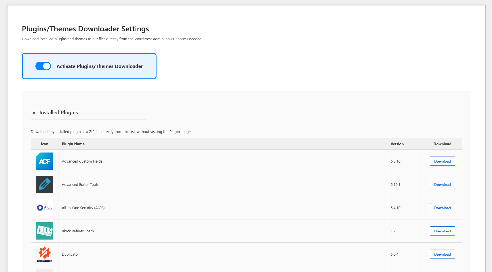 The Plugins/Themes Downloader settings