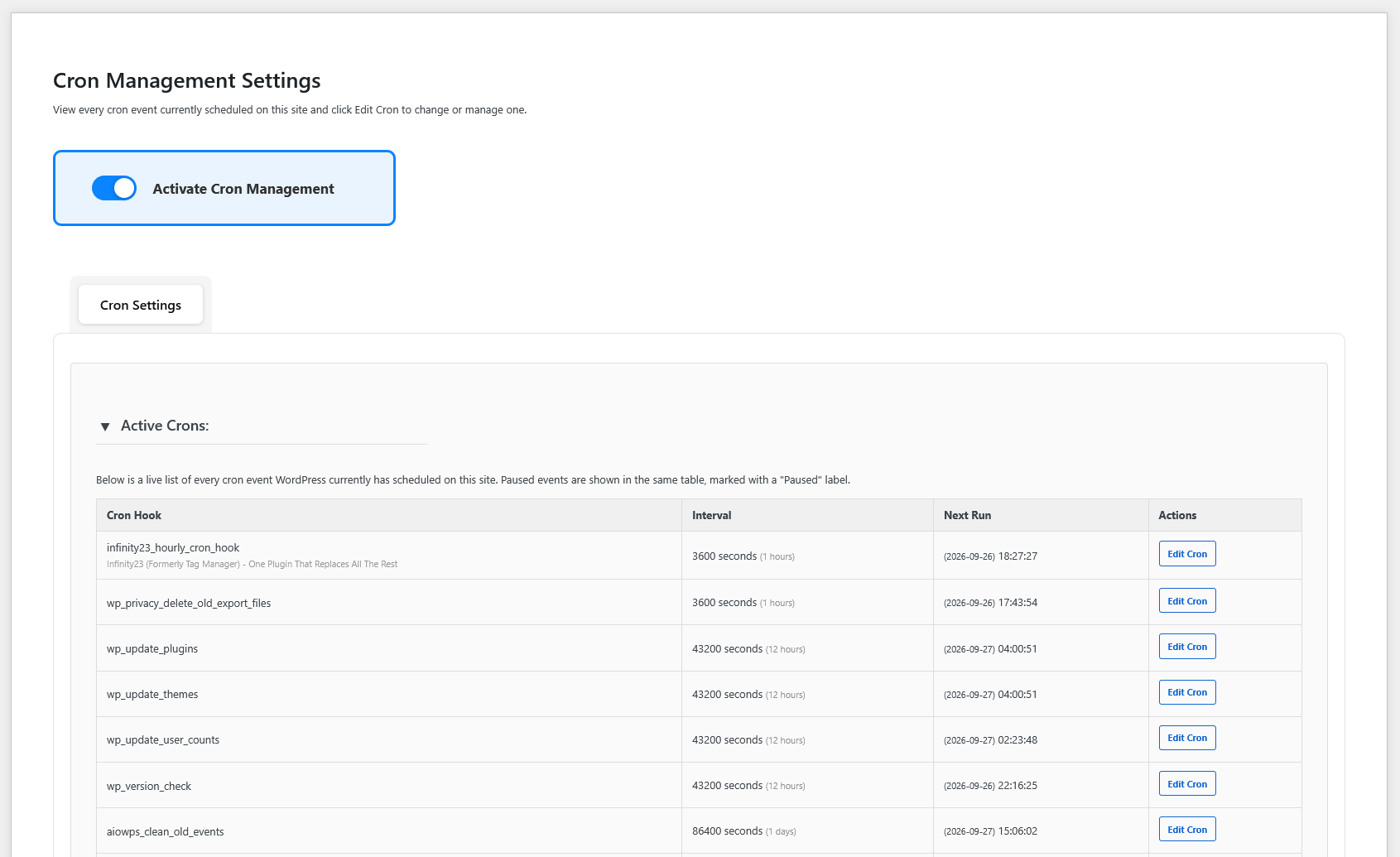 The Cron Management settings