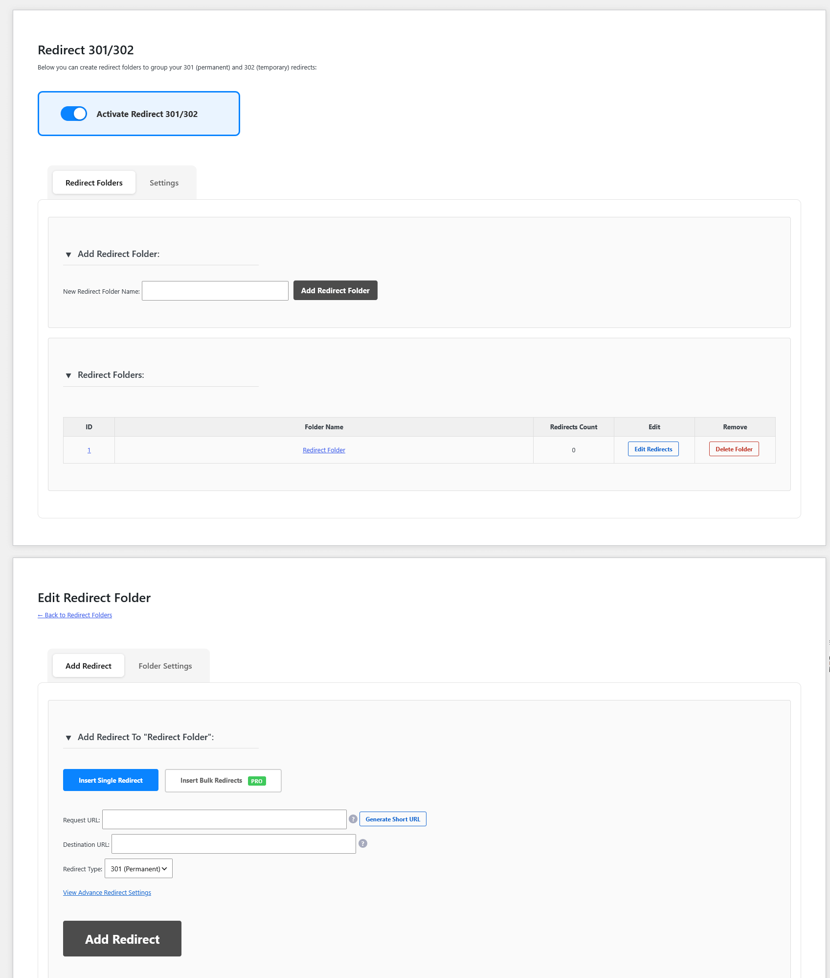 The Redirect 301/302 settings