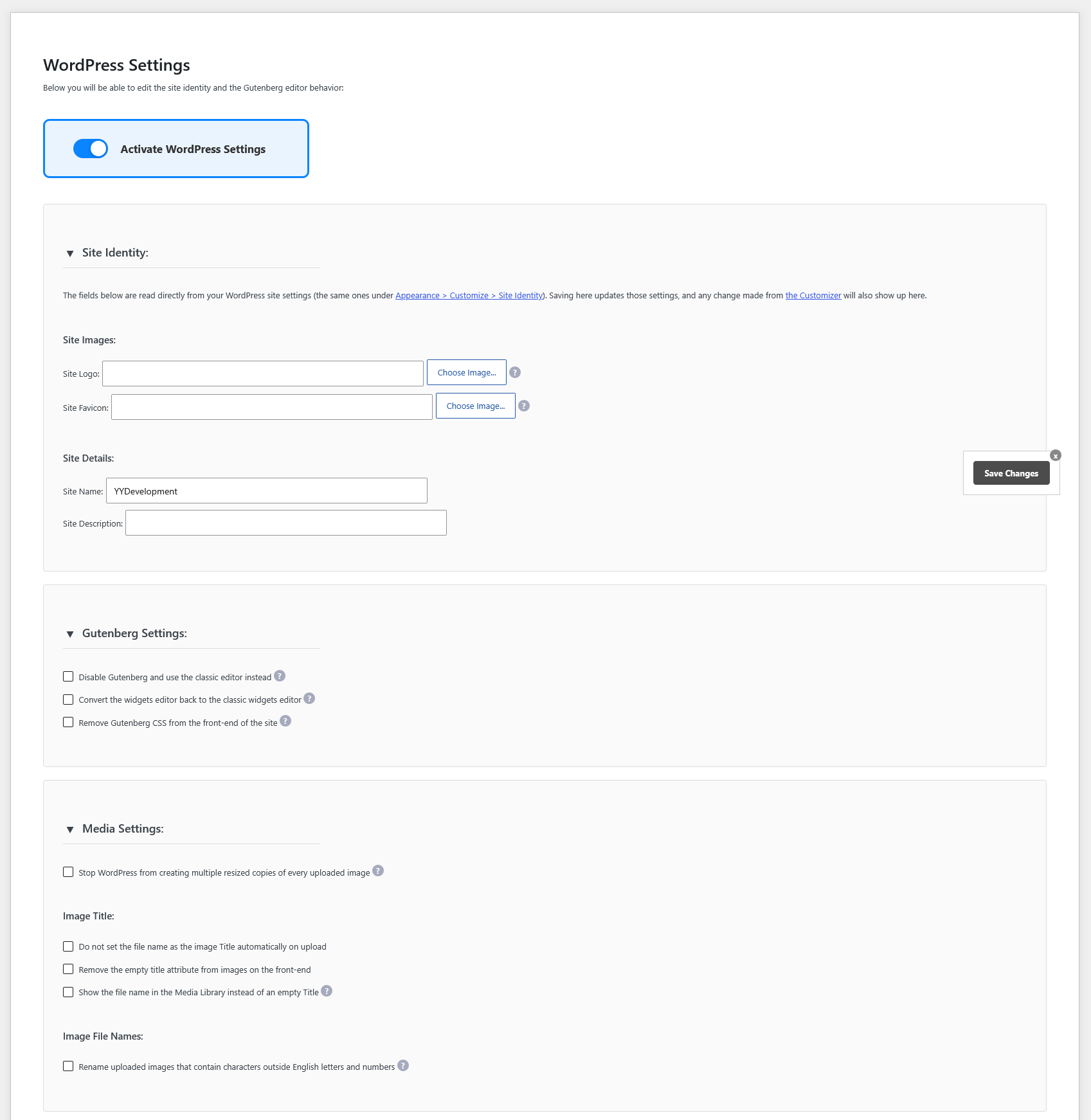 The WordPress Settings settings