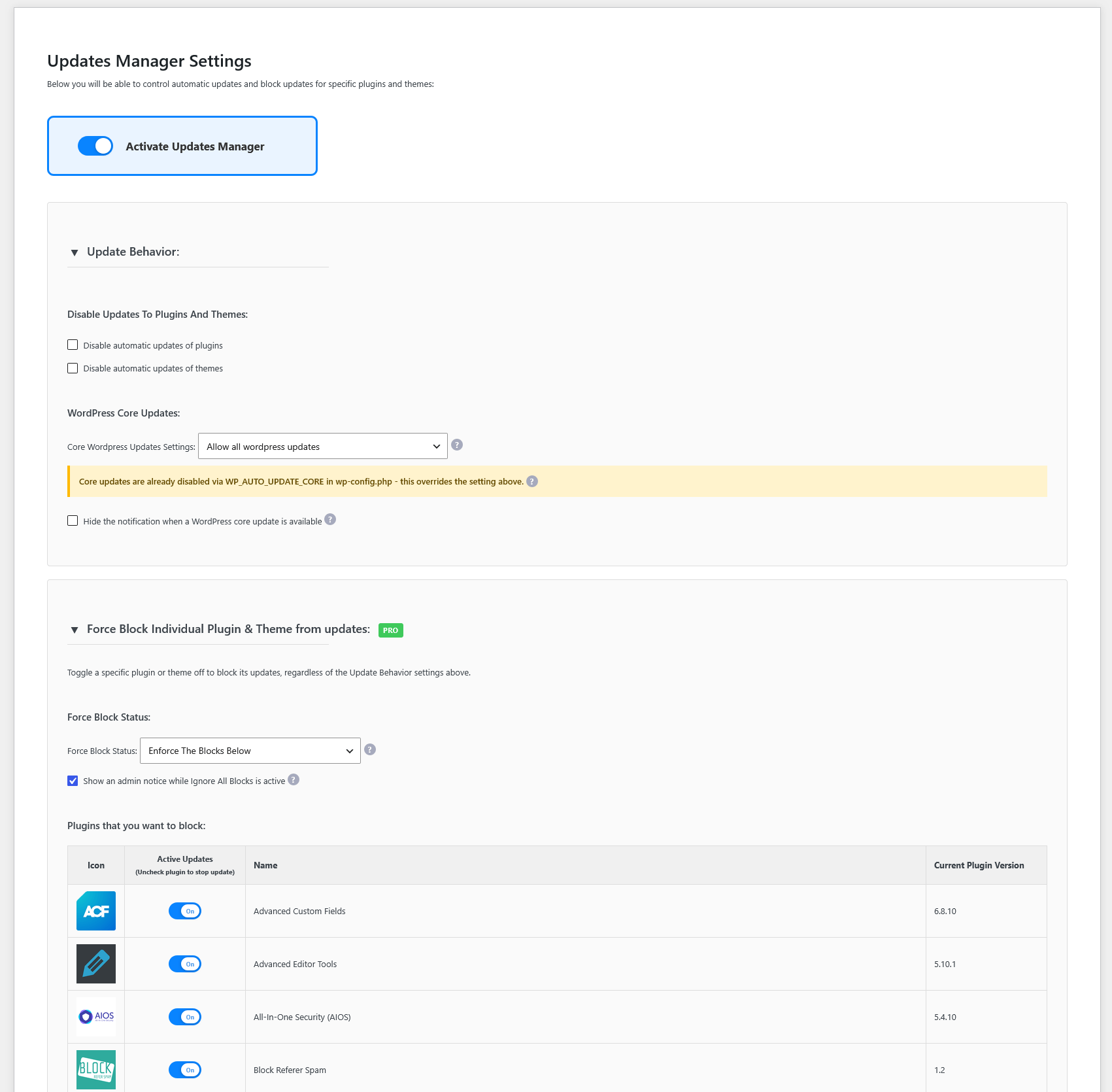 The Update Manager settings