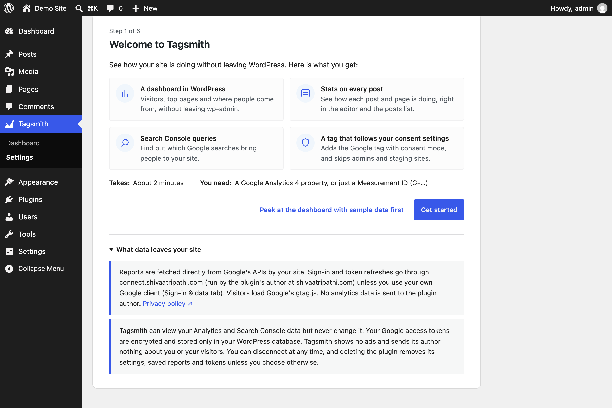 Setup: read-only Google access, and the data that leaves your site.