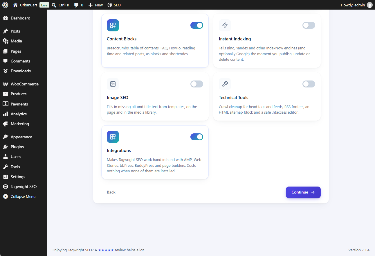 The editor box with search preview and content analysis.