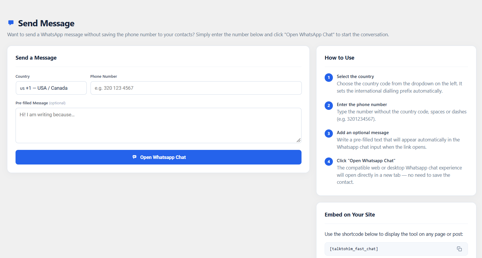 Send WhatsApp messages without saving phone numbers using the Fast Chat generator.