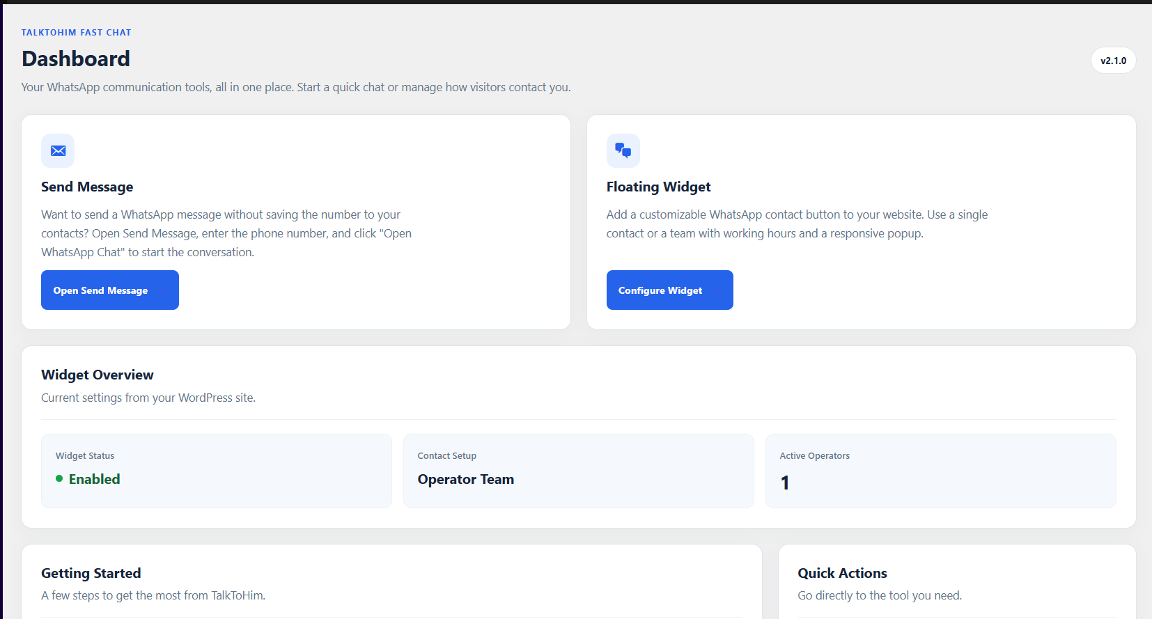TalkToHim Dashboard with an overview of the plugin's features and quick access to its tools.