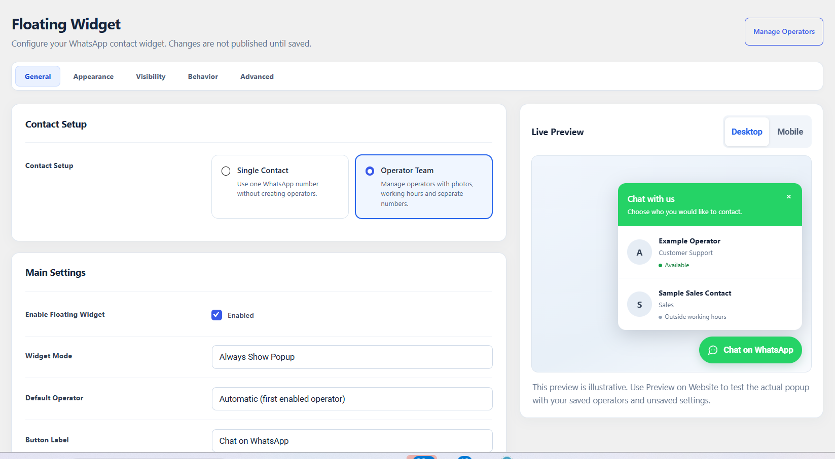General settings for Single Contact and Operator Team configurations.