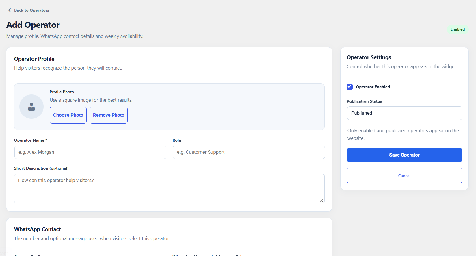 Manage multiple WhatsApp operators, contact details and working hours.