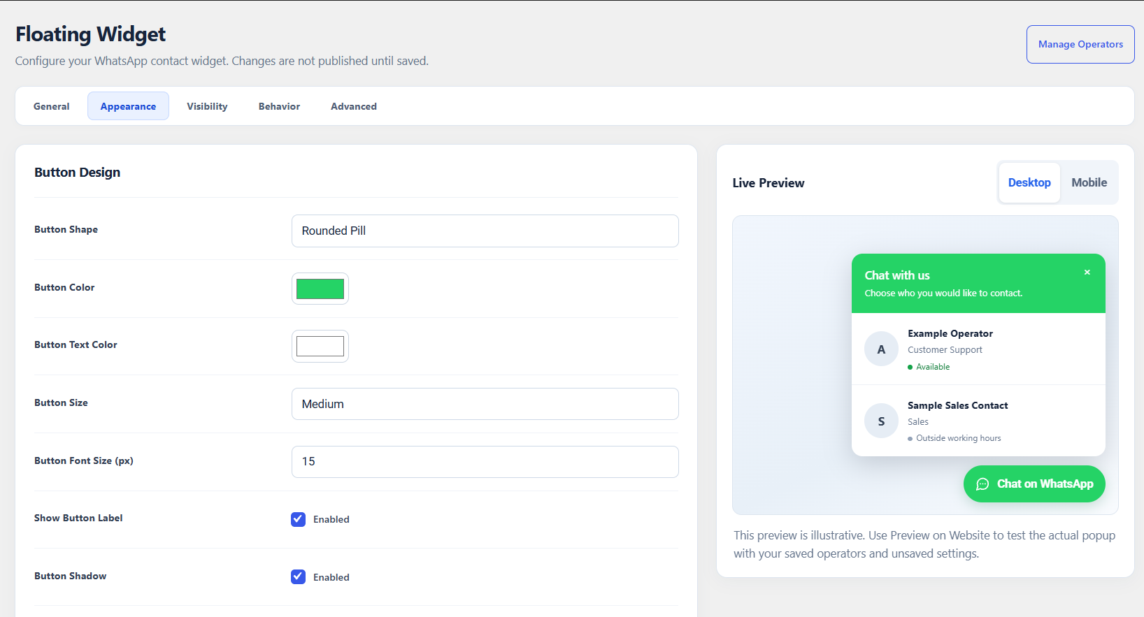 Customize widget appearance, visibility and responsive positioning.