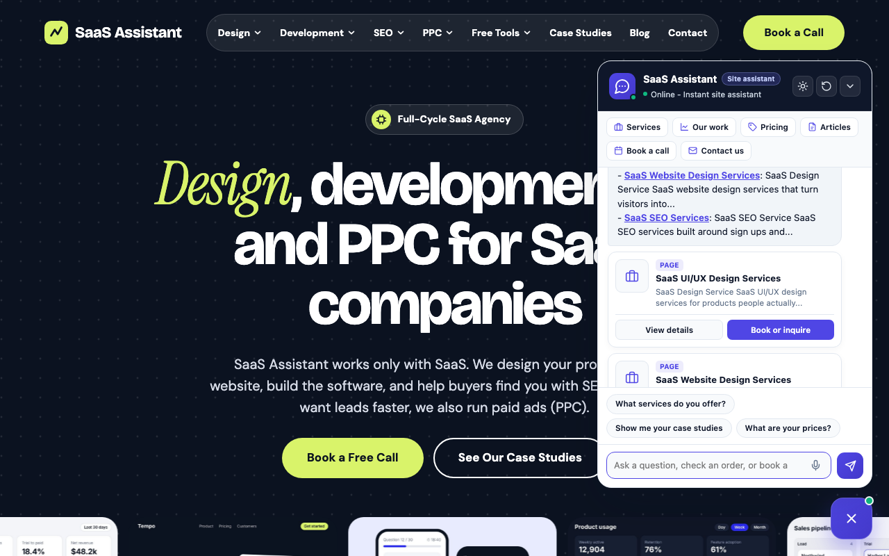 The assistant answers from your own pages and shows the matching pages as cards, with quick-action buttons generated from your site.