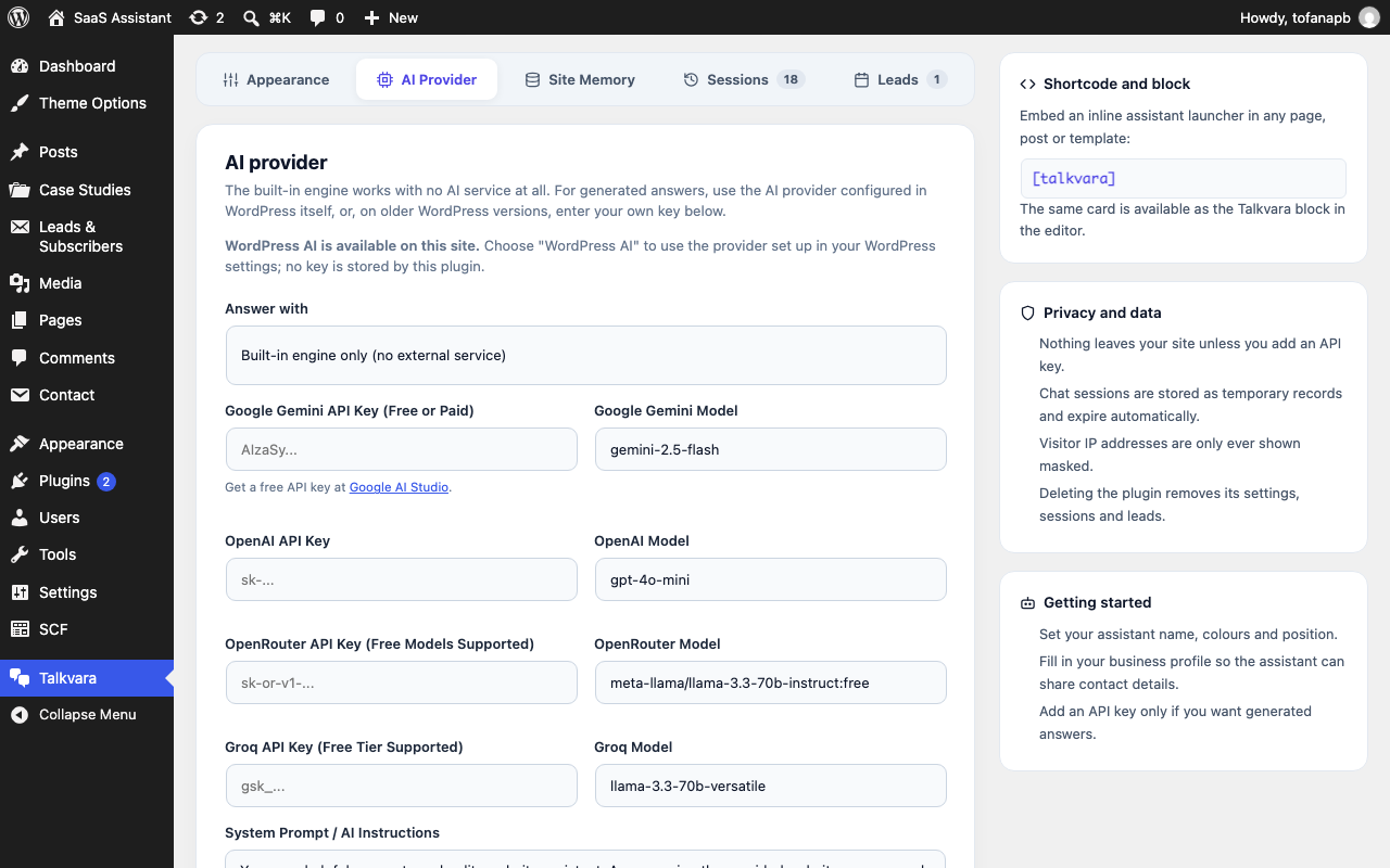 Choose how answers are generated: the built-in engine, WordPress AI (7.0 and later), or your own API key.