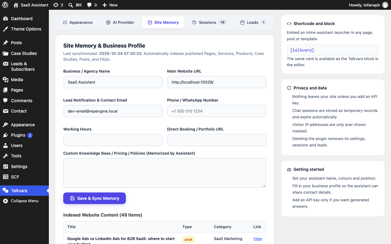 Site memory and business profile, used for contact details and lead notifications.