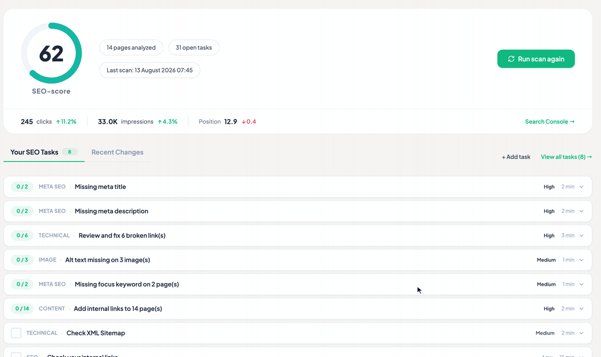 Dashboard — overall SEO score, Search Console clicks, impressions and position, and your prioritised SEO task list.