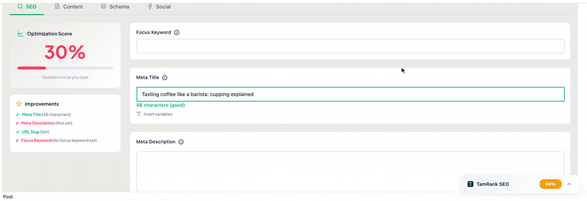 Post editor meta box (SEO tab) — focus keyword, meta title and description with a live optimization score and improvement checklist.