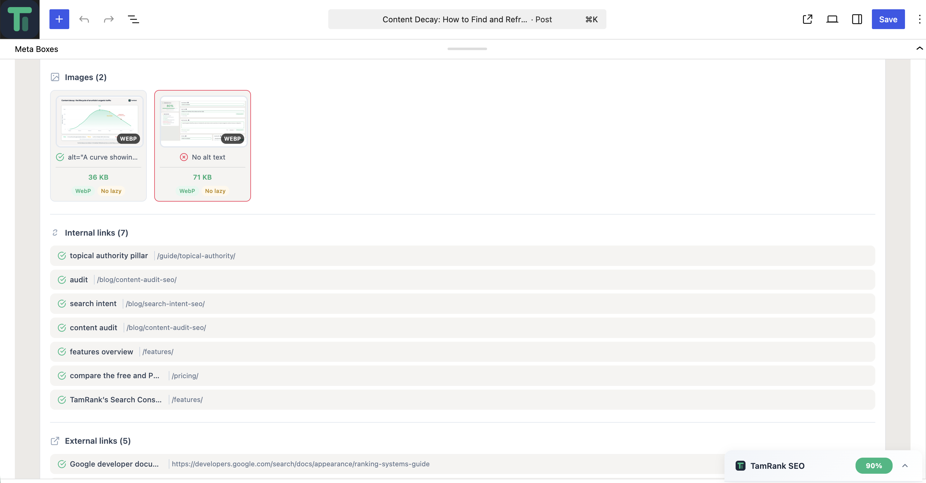 Post editor meta box (Content tab) — image alt-text and WebP status plus internal and external link analysis.