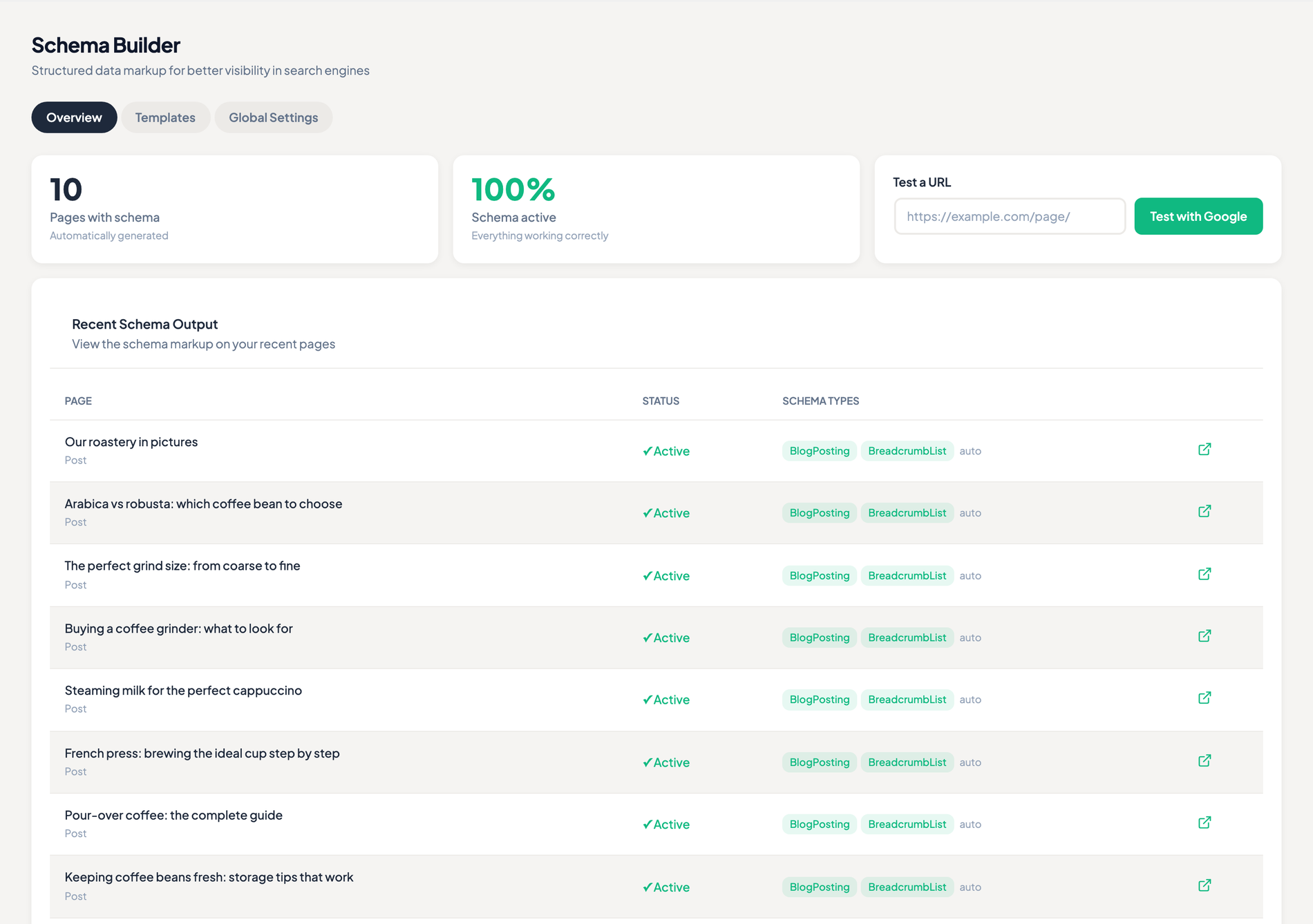 Schema markup builder — automatic structured-data coverage with reusable templates and a live per-page overview.