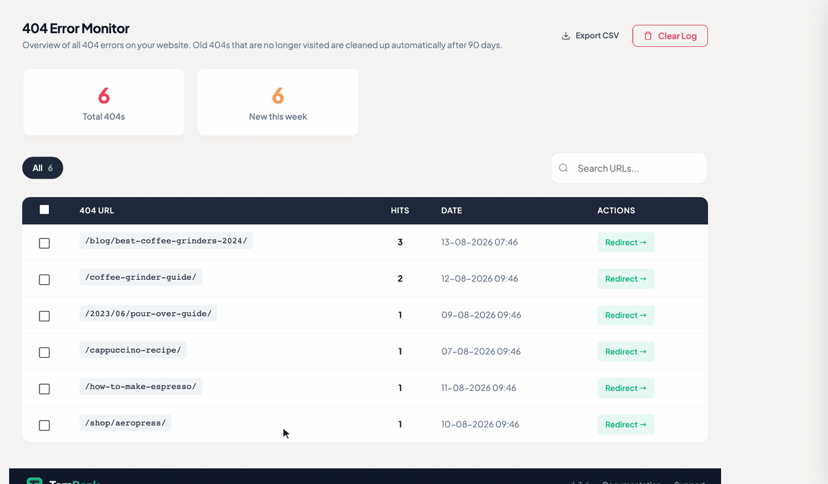 Redirect manager — 301/302 redirects with automatic chain detection and one-click creation from the 404 monitor.