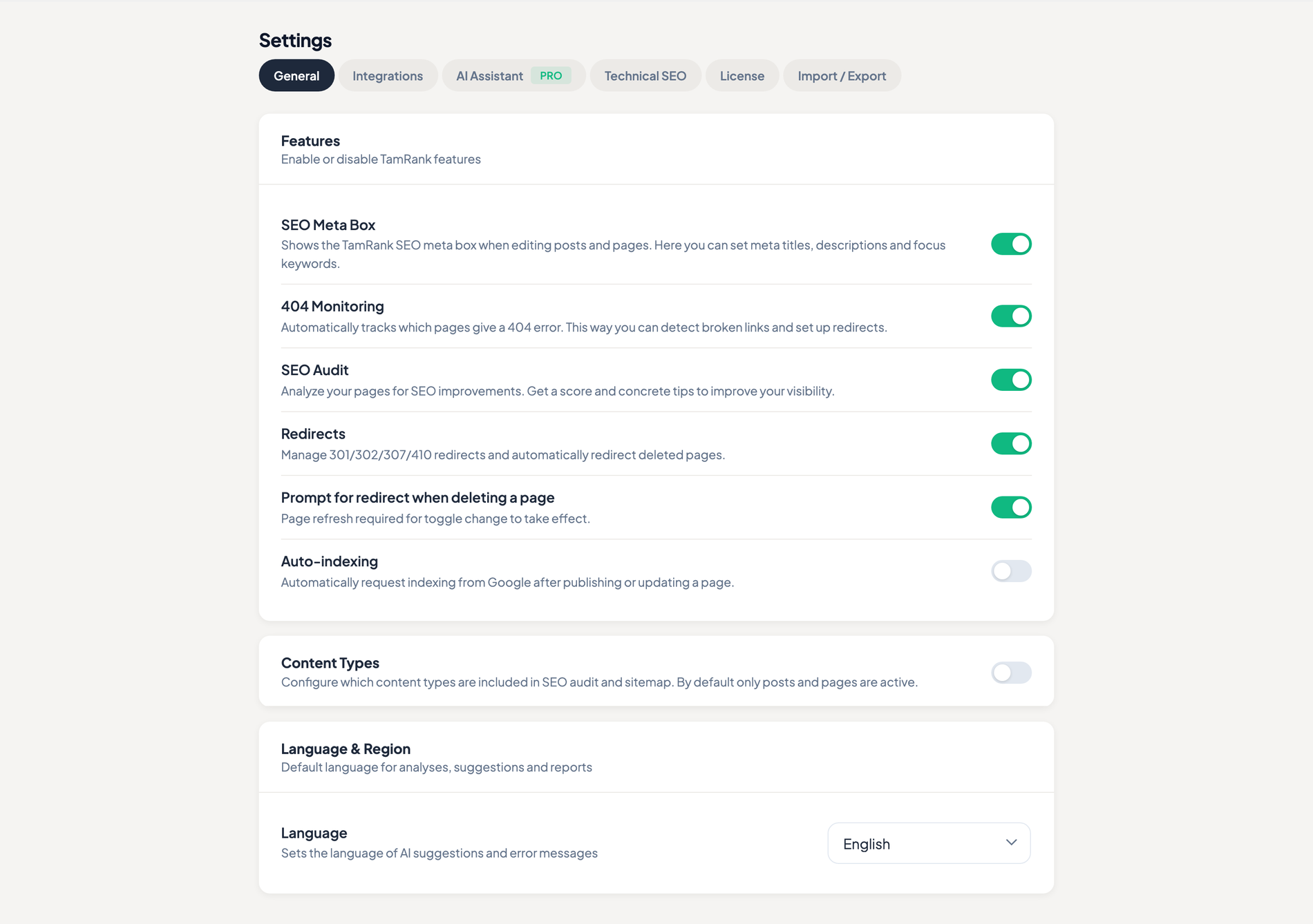 Settings — enable or disable individual features, with sitemap, robots.txt and technical SEO options.