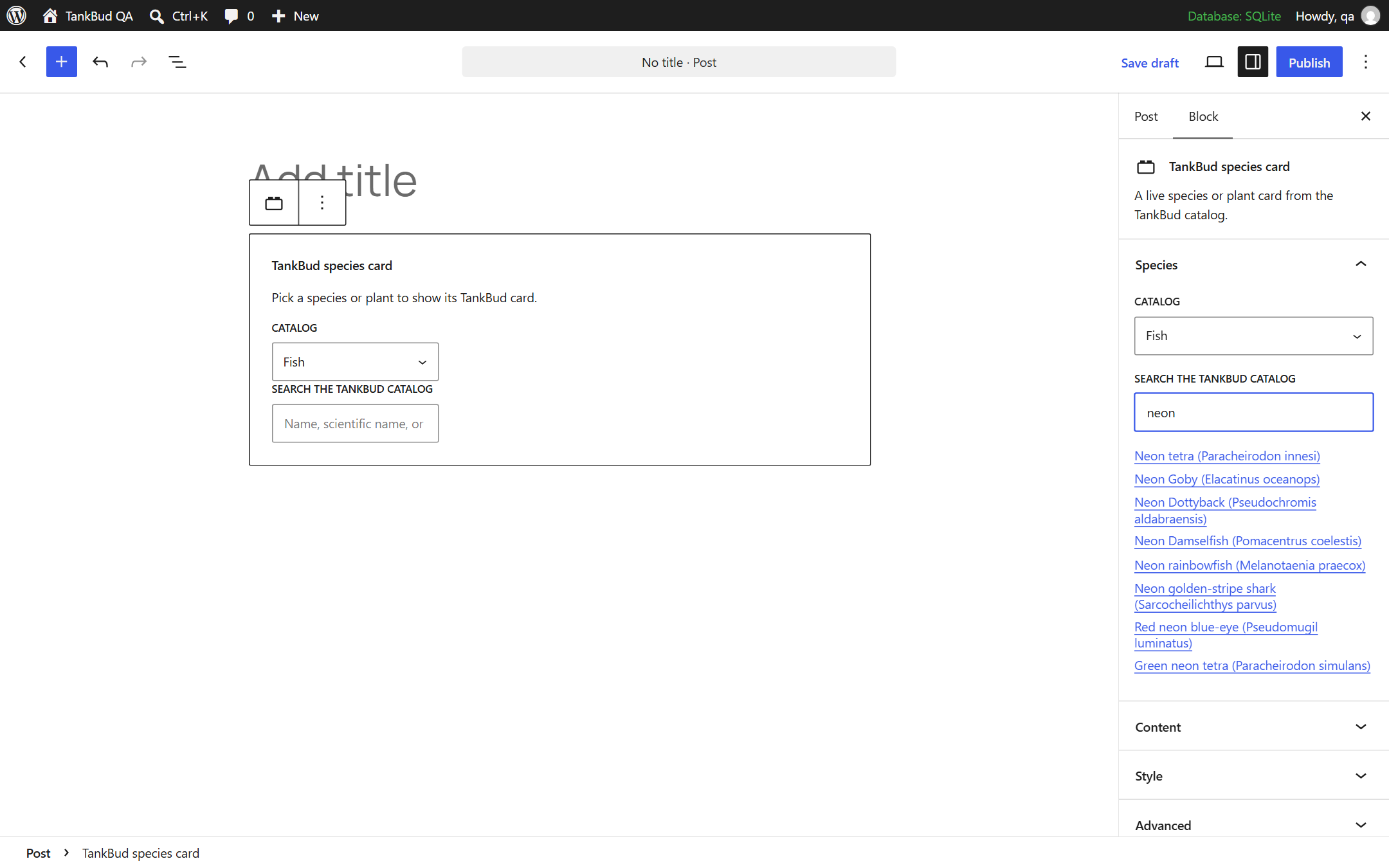 Searching the TankBud catalog right in the editor.