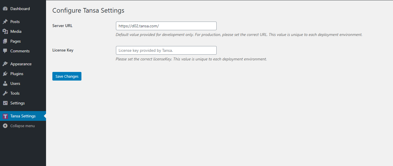 Configure Tansa Server URL and License Key