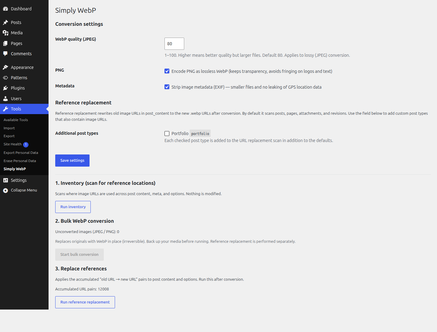 The In-Place WebP tools page (under the Tools menu): inventory scan, bulk conversion with live progress, and reference replacement.