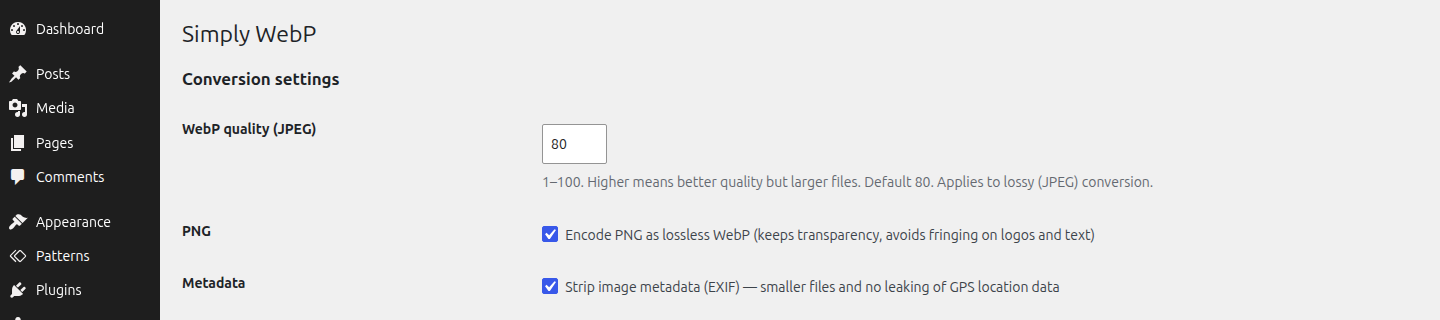 Conversion settings (WebP quality, lossless PNG, strip metadata).