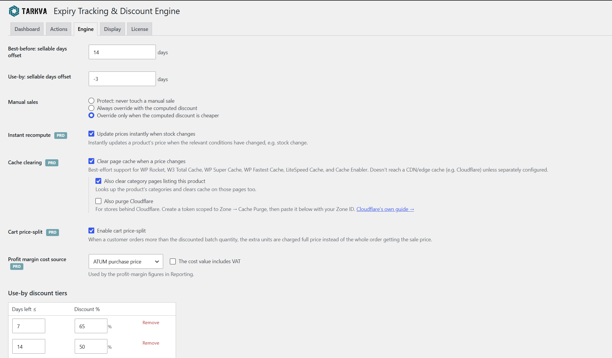 The Engine tab — sellable-day offsets, manual-sale handling, and discount tiers. Instant
recompute, cache clearing, cart price-split, and profit-margin cost source (badged PRO here)
are part of the paid add-on.