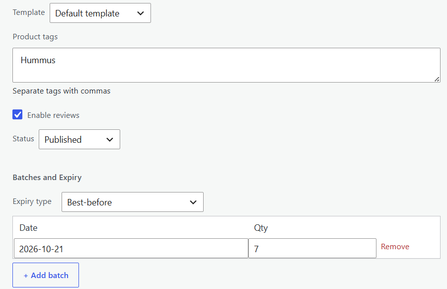 Product-level expiry batch entry on the Inventory tab.