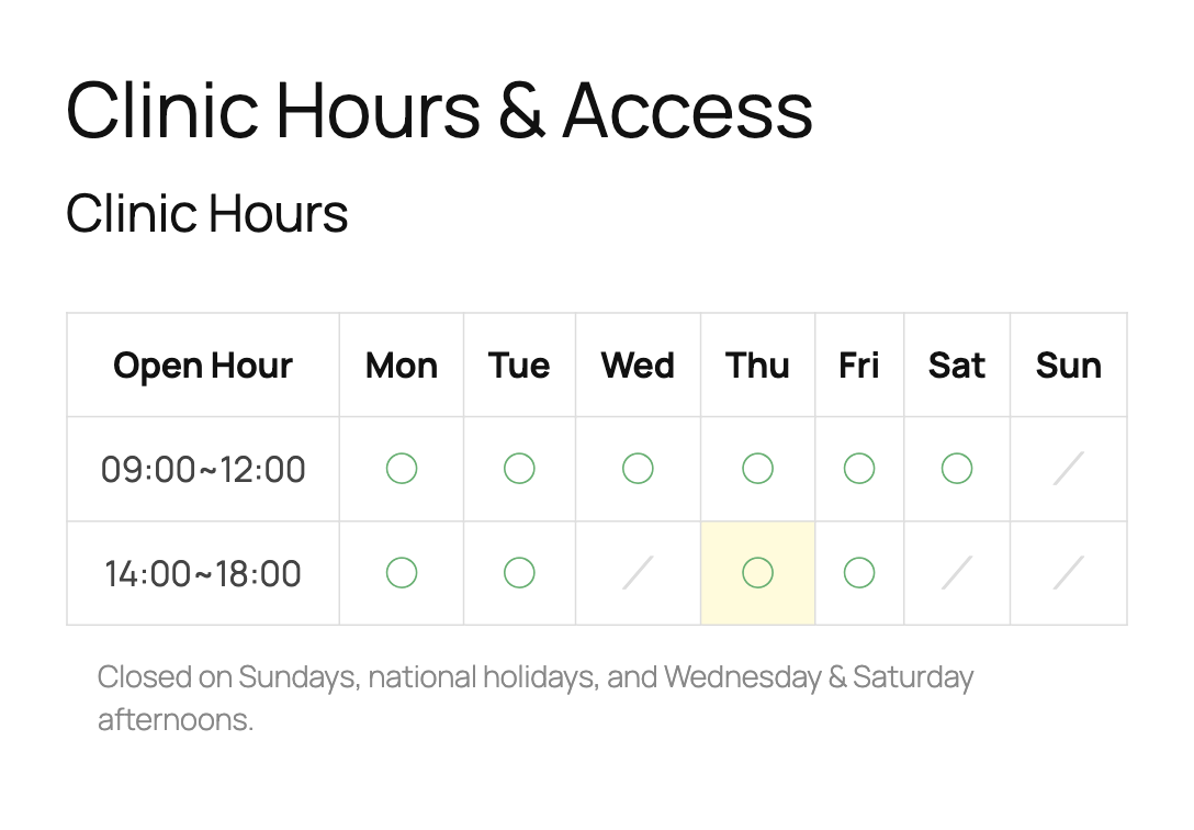 Opening hours table on the front end, rendered by the Open Hour block. Marks for open and closed cells are customizable.