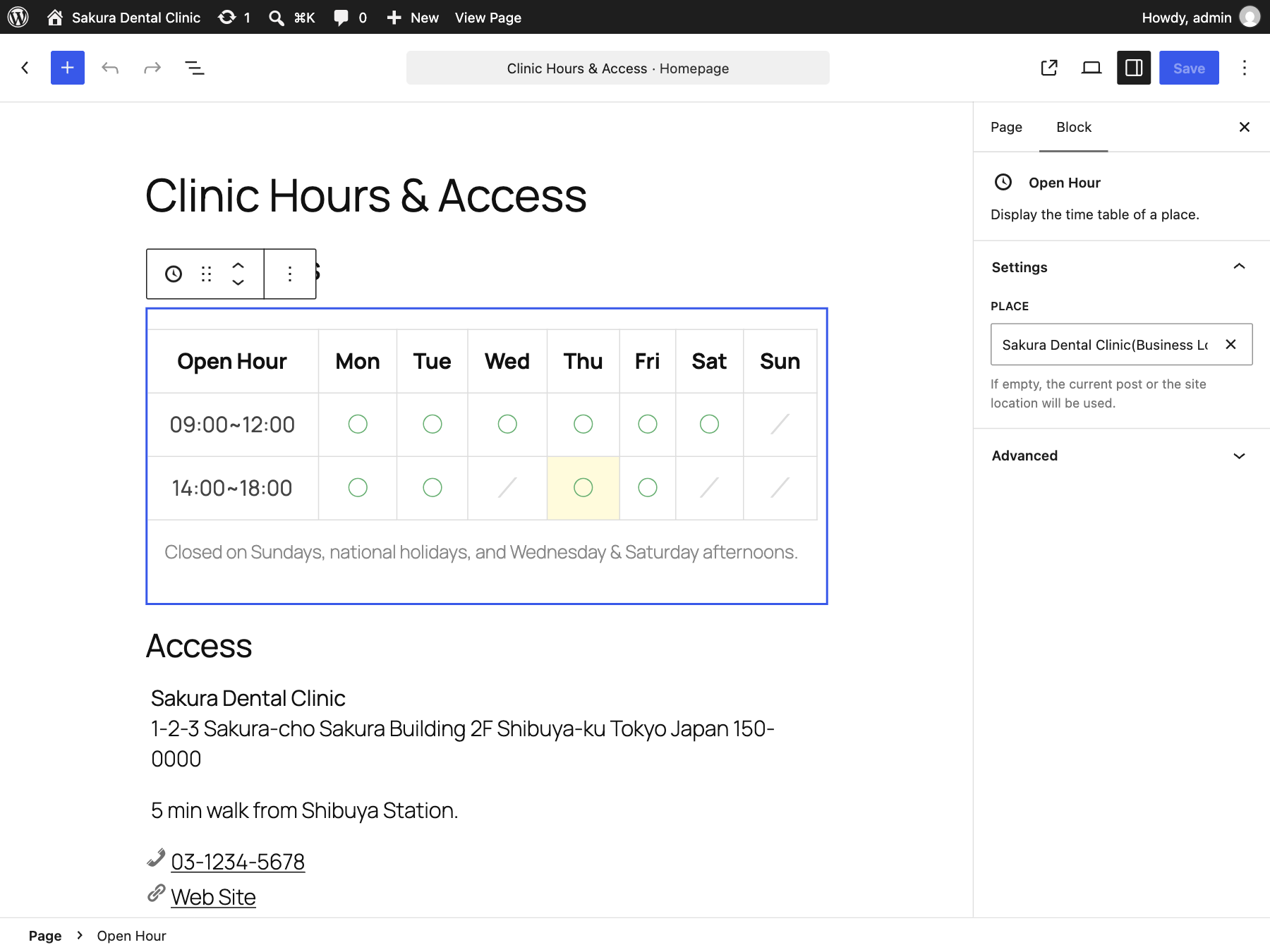 Open Hour block in the block editor. Choose which business place to display from the block sidebar.