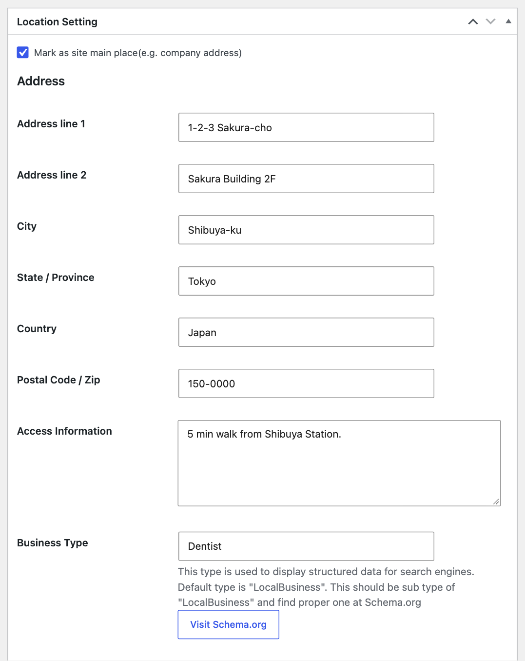 Location settings: address, access information, and the business type (Schema.org) used for structured data.