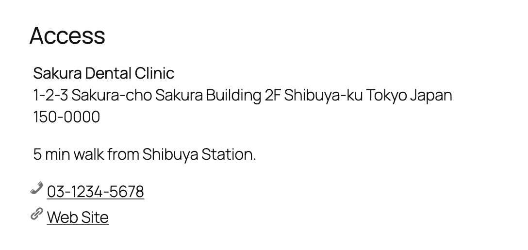 Business Place block showing the name, address, access information, and contacts.