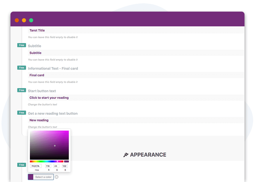 <strong>Appearance.</strong> Customize your tarot. Change the color to suit your WordPress theme. Change the title, subtitle and button texts.