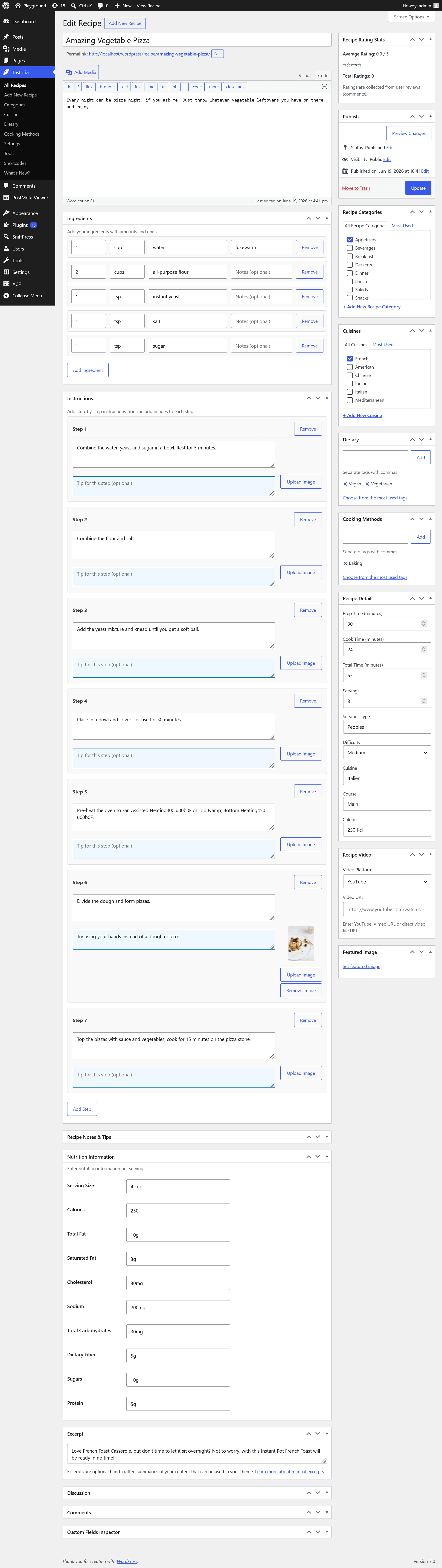 Recipe Editor Screen with all meta boxes
