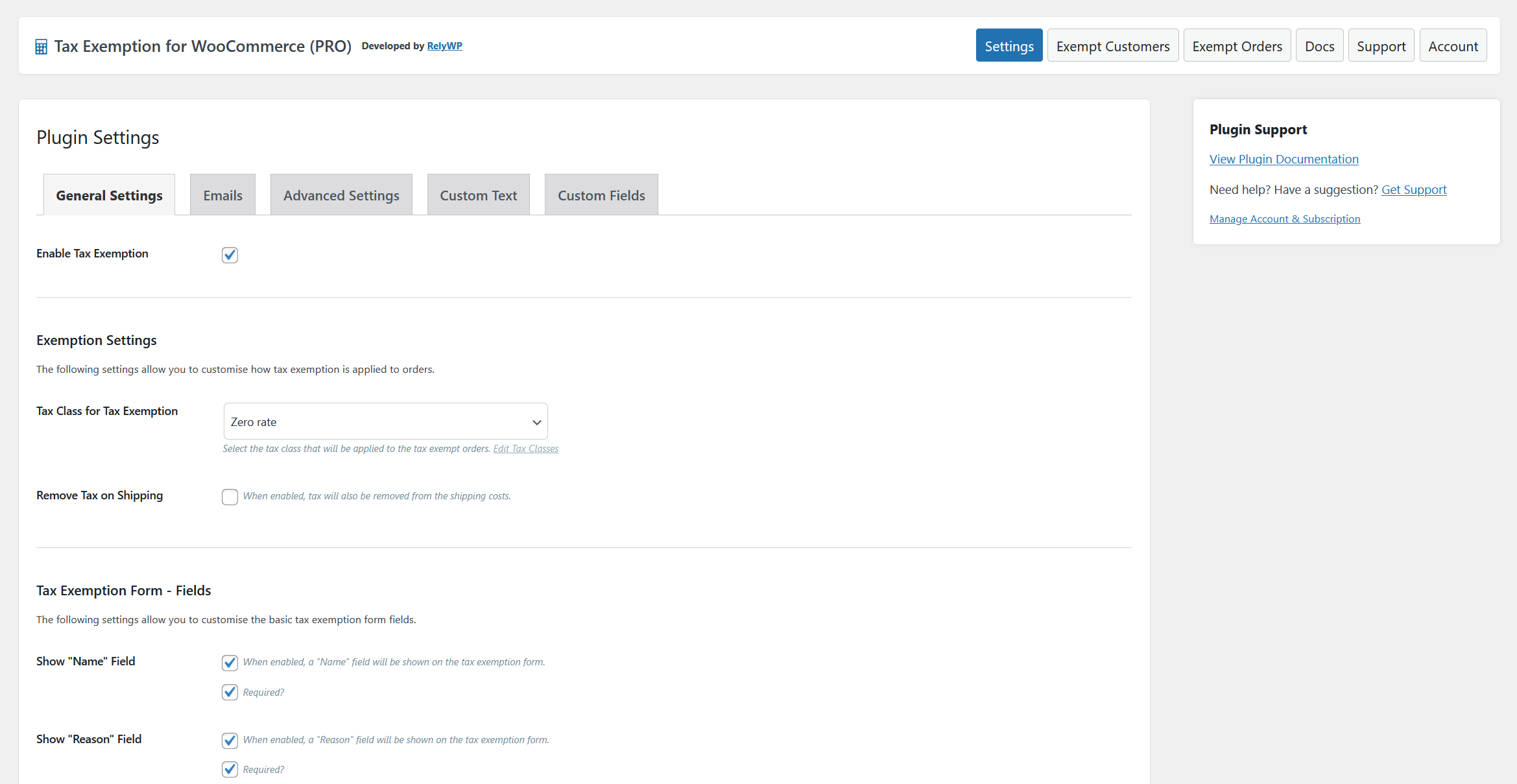 Example of plugin settings.