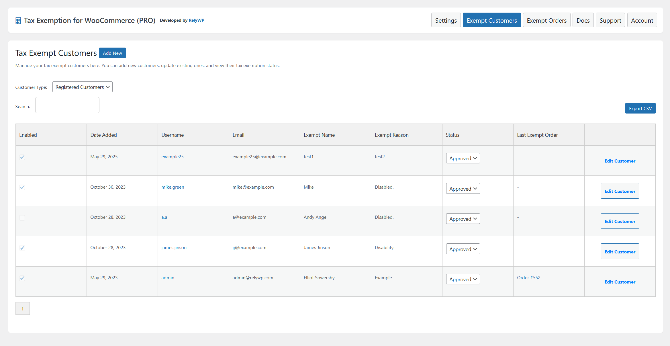Example of tax exempt users management section.