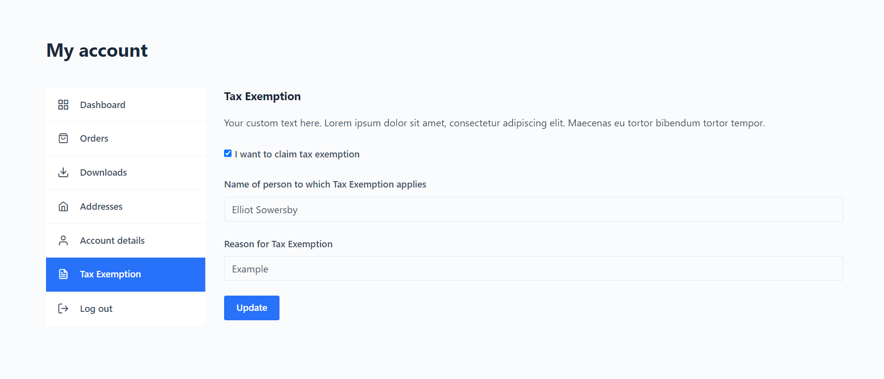 Example of tax exemption settings on "my account" page.