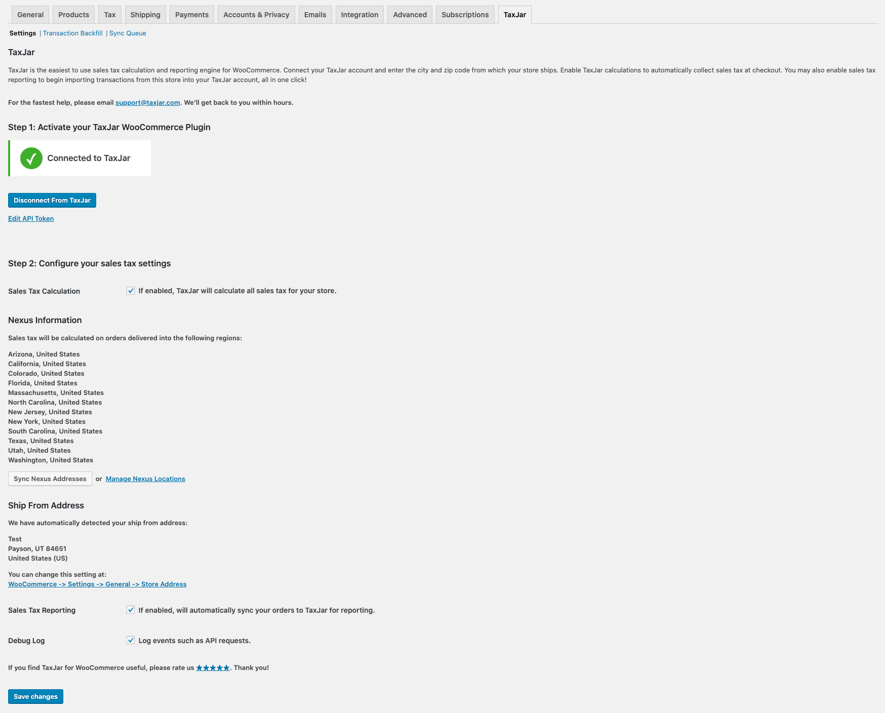 TaxJar for WooCommerce Plugin Settings