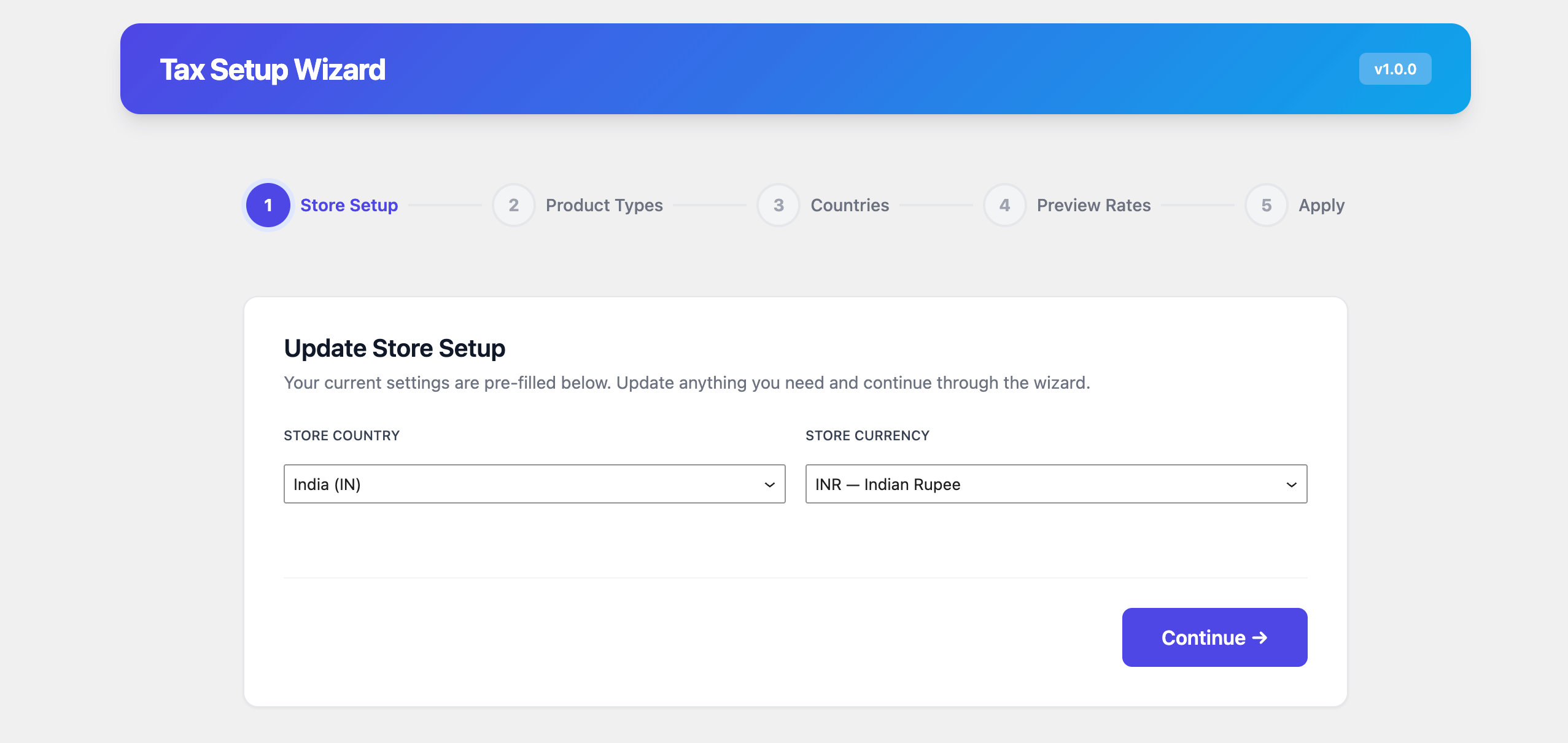 Setup Wizard — Store Configuration — Auto-detects your WooCommerce country and currency