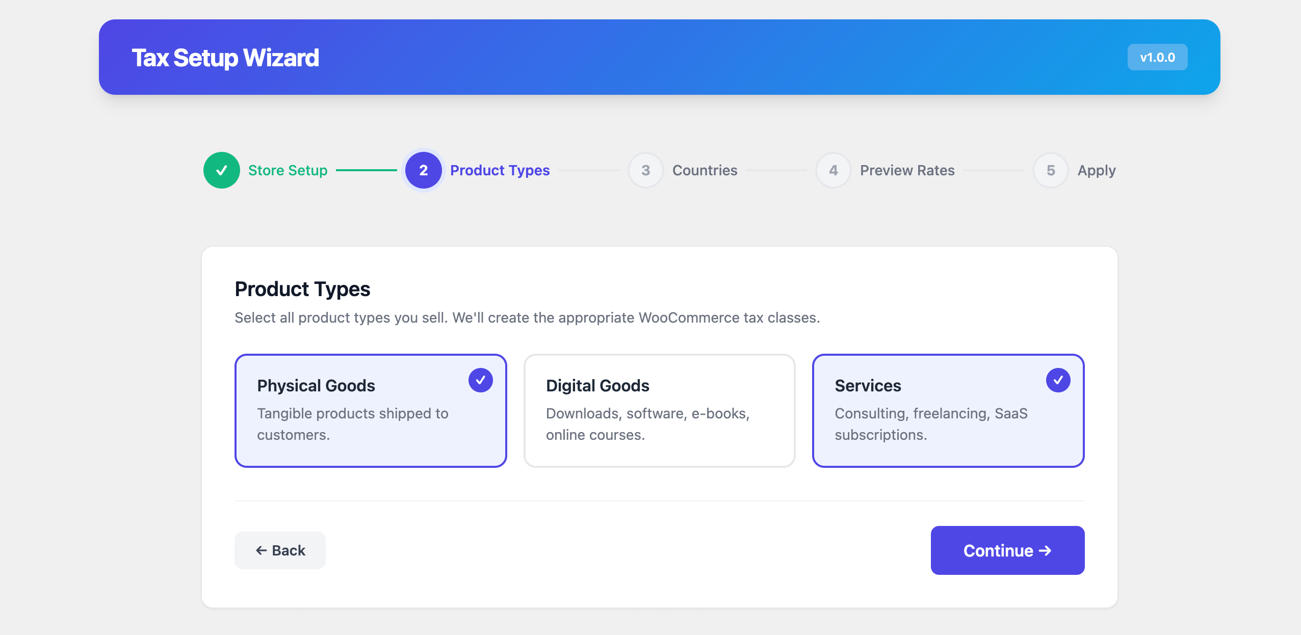 Setup Wizard — Product Types — Choose physical goods, digital products, or services