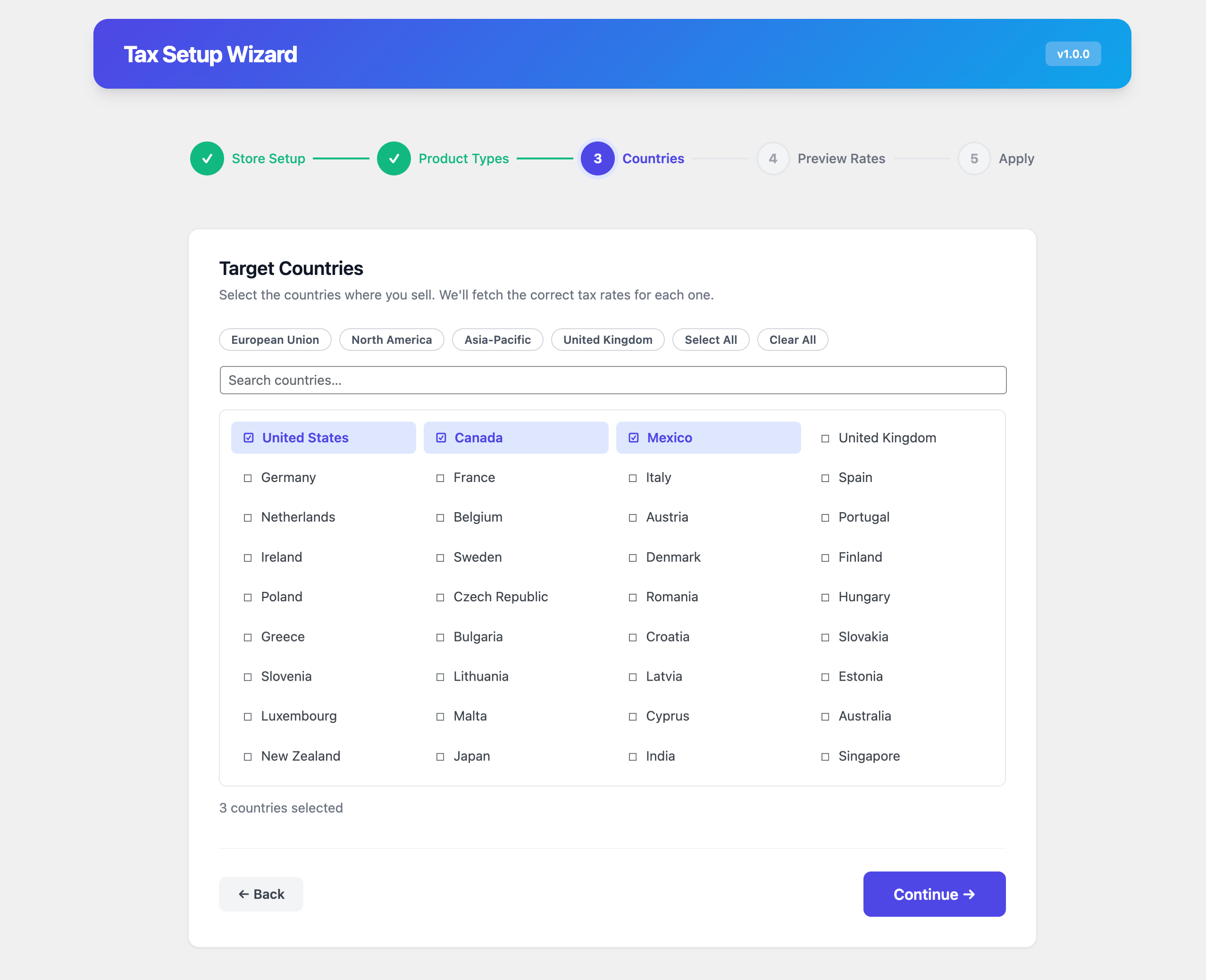 Setup Wizard — Target Countries — Select selling destinations with region presets